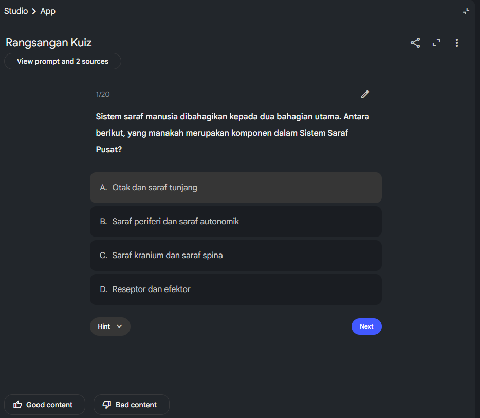 Contoh kuiz Rangsangan Kuiz dijana oleh Gemini Notebook berdasarkan sumber Sistem Saraf Manusia