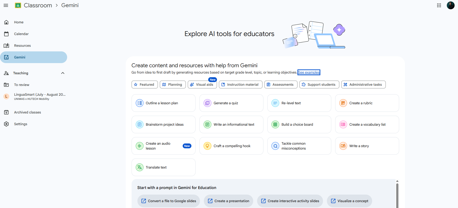 Antara muka Gemini dalam Google Classroom menunjukkan alat AI untuk pendidik