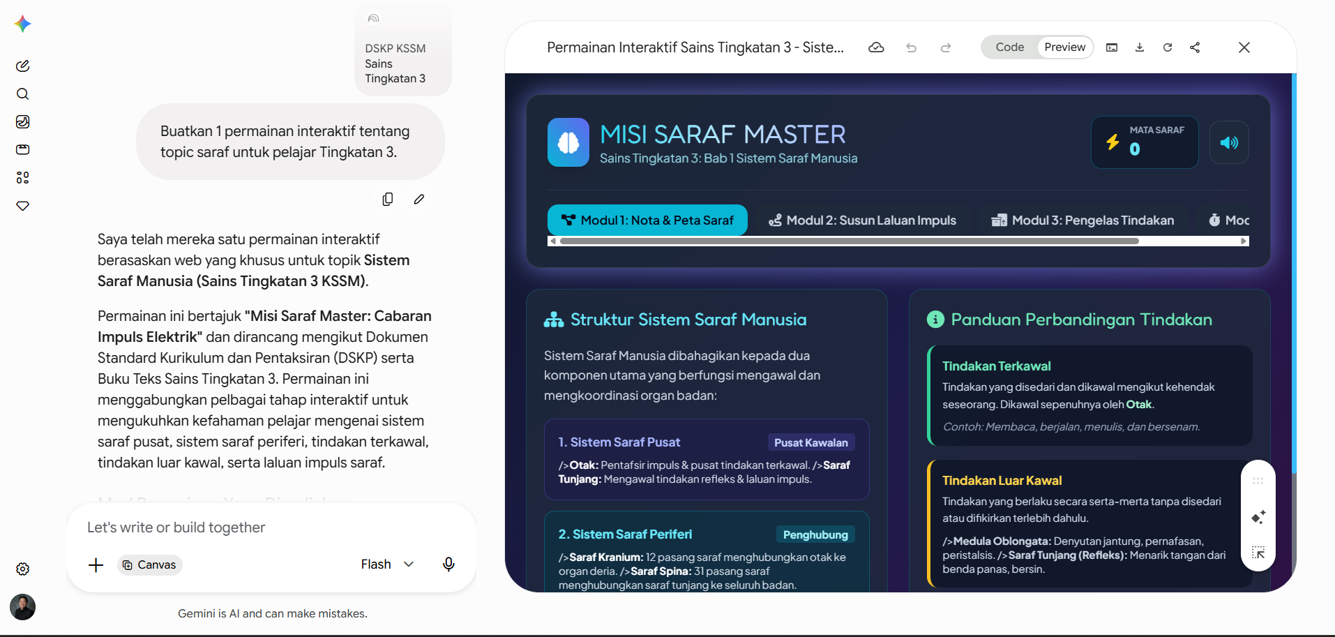 Contoh permainan interaktif Sains Tingkatan 3 tentang Sistem Saraf Manusia yang dijana dalam mod Canvas Gemini