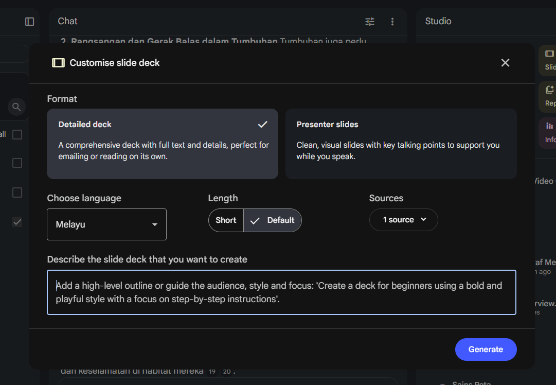 Dialog Customise slide deck dalam Gemini Notebook dengan pilihan format, bahasa Melayu, panjang dan ruang arahan gaya slaid